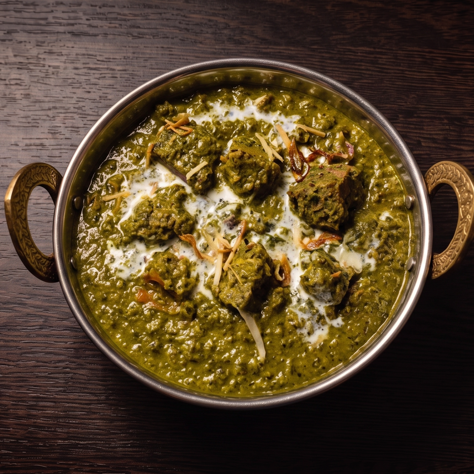 Indian kofta curry in creamy green sauce, garnished with cream and toasted slivers, served in an ornate handled bowl.