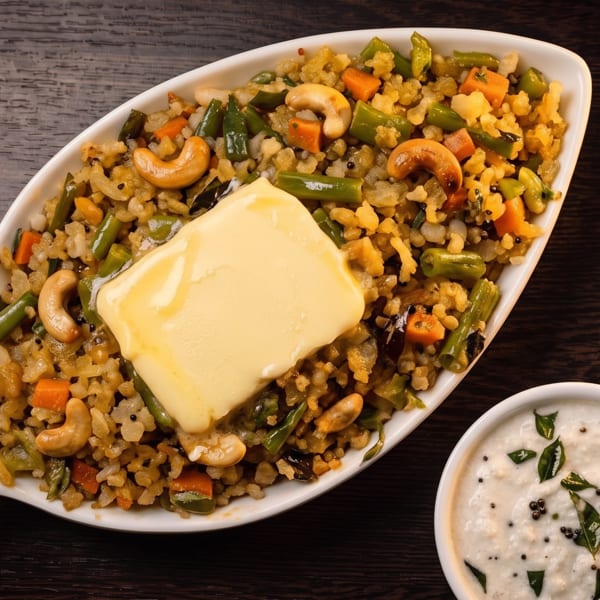 Vegetable rice dish with cashews, melted cheese, and a bowl of coconut chutney garnished with curry leaves.