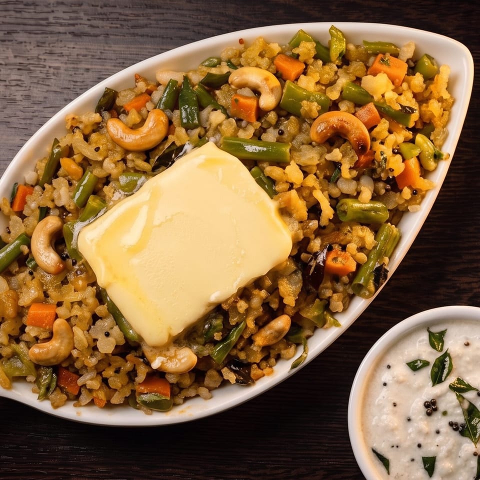 Vegetable rice dish with cashews, melted cheese, and a bowl of coconut chutney garnished with curry leaves.