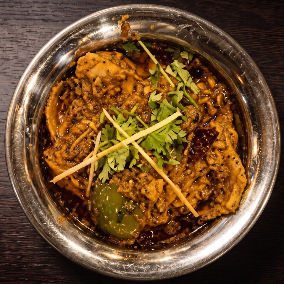 Overhead view of a richly spiced curry garnished with cilantro and ginger strips in a metal bowl on a dark wooden table.