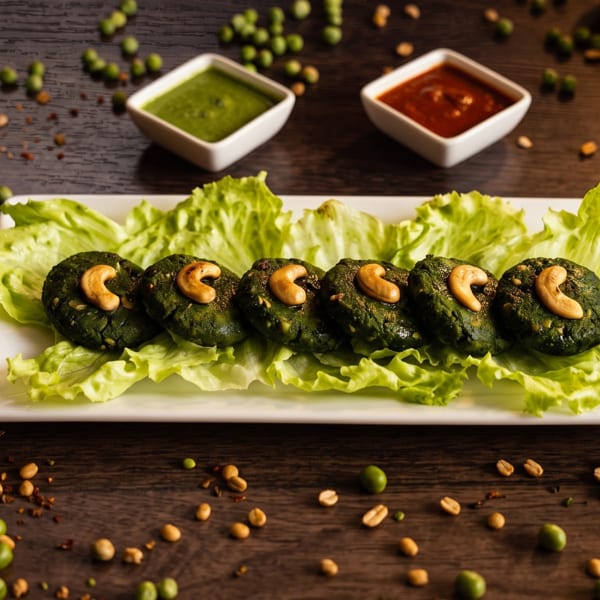 Six green patties topped with cashews sit on lettuce beside green and red dipping sauces.
