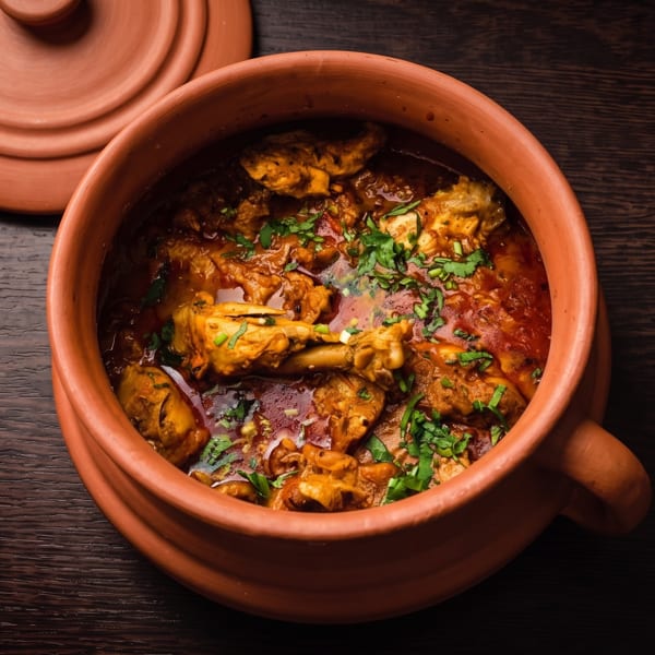 Clay pot filled with richly spiced chicken stew, garnished with fresh cilantro, on a dark wooden table.