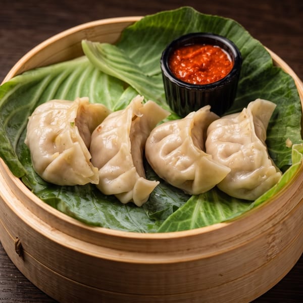 Steamed dumplings arranged on cabbage leaves in a bamboo steamer with a cup of red dipping sauce.