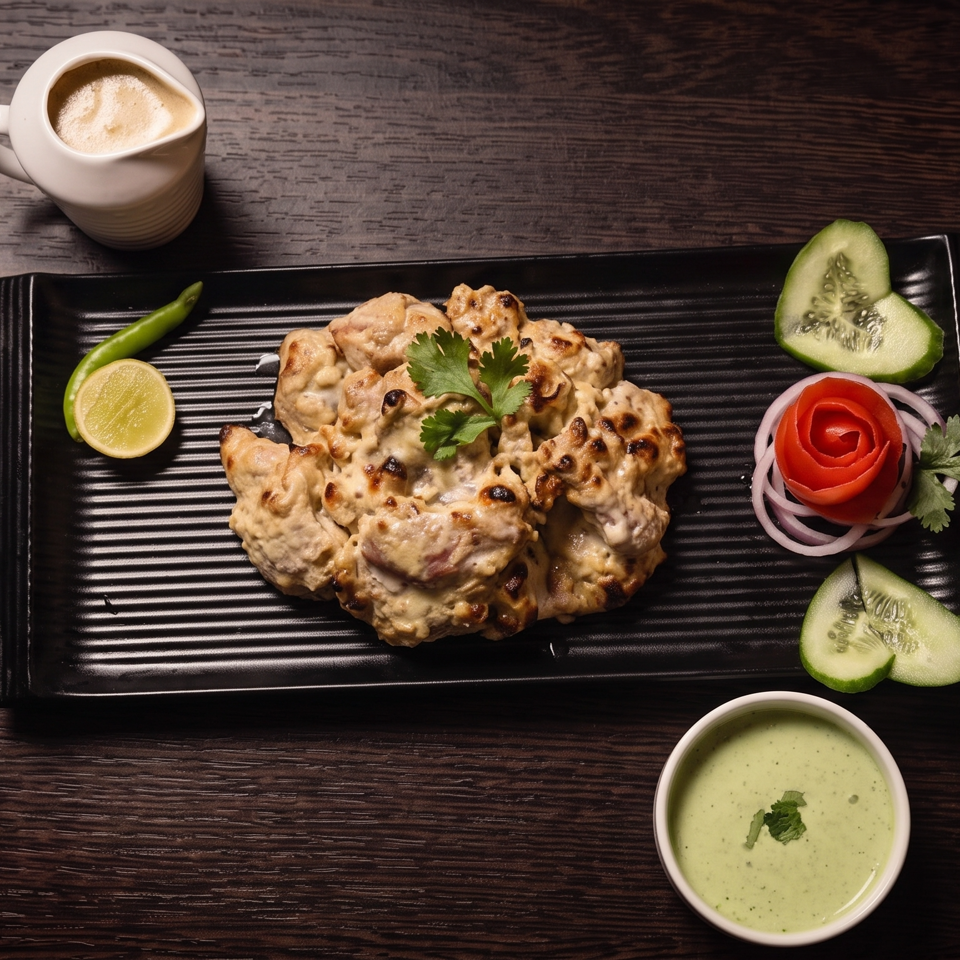 Grilled creamy chicken pieces garnished with cilantro, cucumber, tomato, onion, lime, chili, and green dipping sauce on a black platter.
