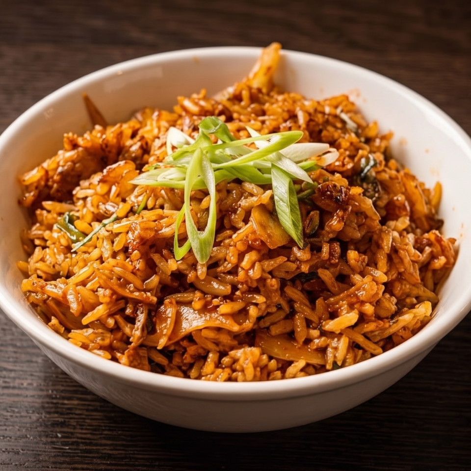 Bowl of richly spiced fried rice topped with sliced green onions on a dark wooden table.