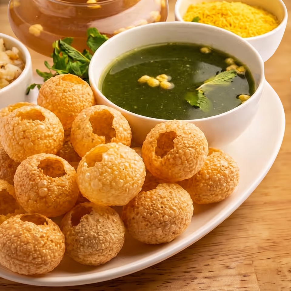 Crispy pani puri shells served with green spiced water, potatoes, yellow lentils, herbs, and chopped onions on a wooden table.