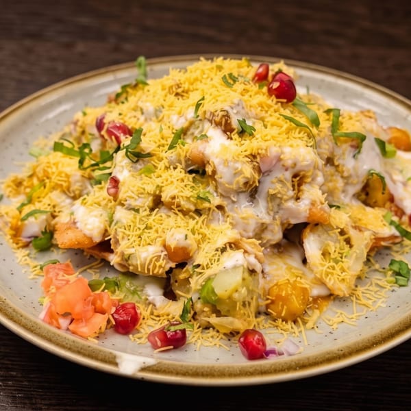 Indian chaat platter topped with sev, yogurt, chickpeas, potatoes, herbs, tomatoes, and pomegranate seeds