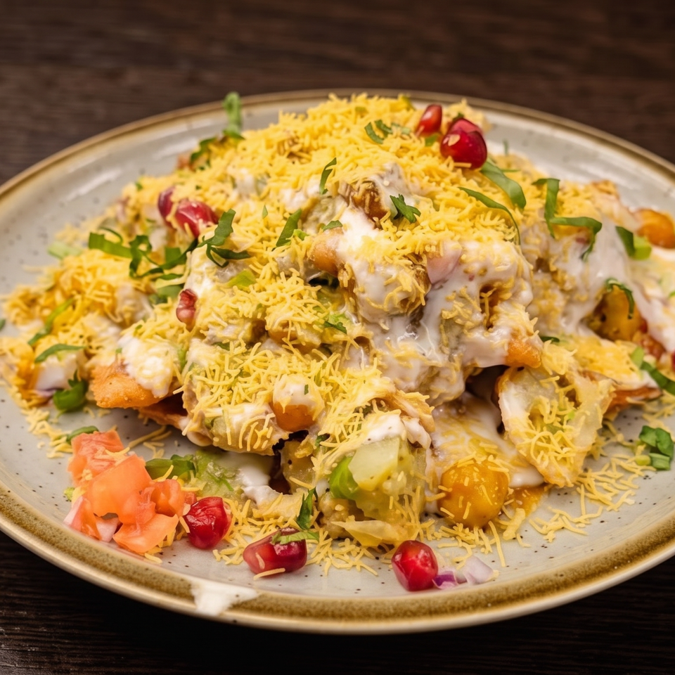 Indian chaat platter topped with sev, yogurt, chickpeas, potatoes, herbs, tomatoes, and pomegranate seeds