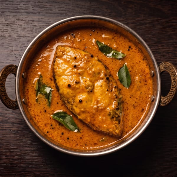 Overhead view of fish in creamy orange curry, garnished with curry leaves and mustard seeds in a handled metal bowl.
