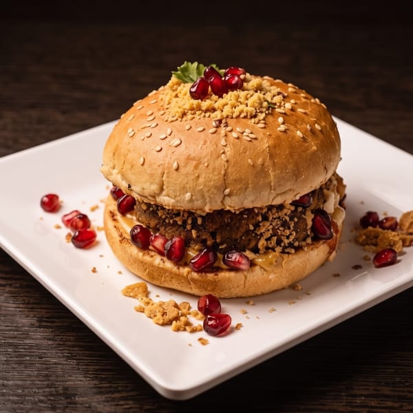 Gourmet burger with a sesame bun, crumb topping, pomegranate seeds, and sauce served on a white square plate.