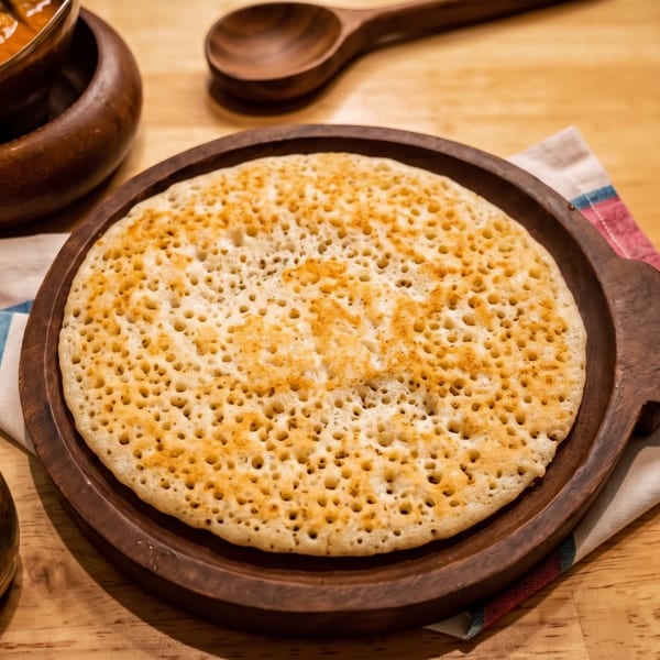 Golden, porous pancake served on a wooden platter with bowls of spicy curry and dipping sauce.