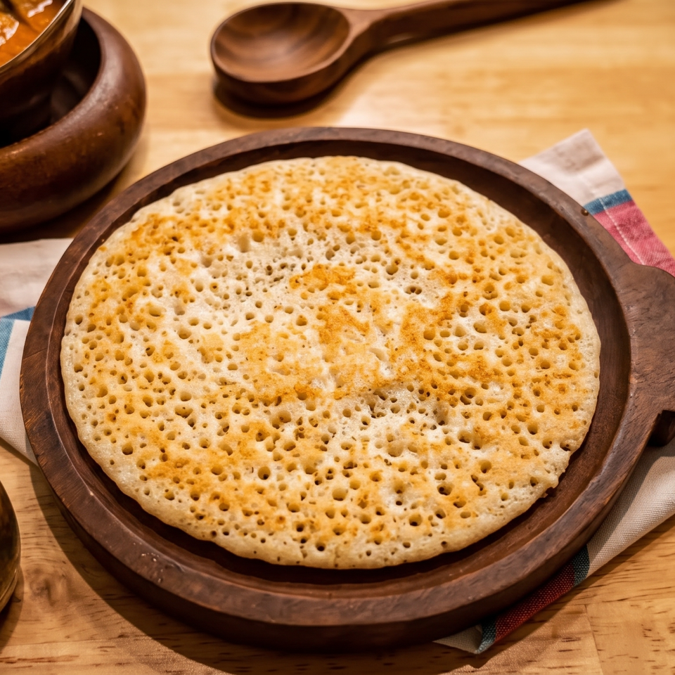 Golden, porous pancake served on a wooden platter with bowls of spicy curry and dipping sauce.