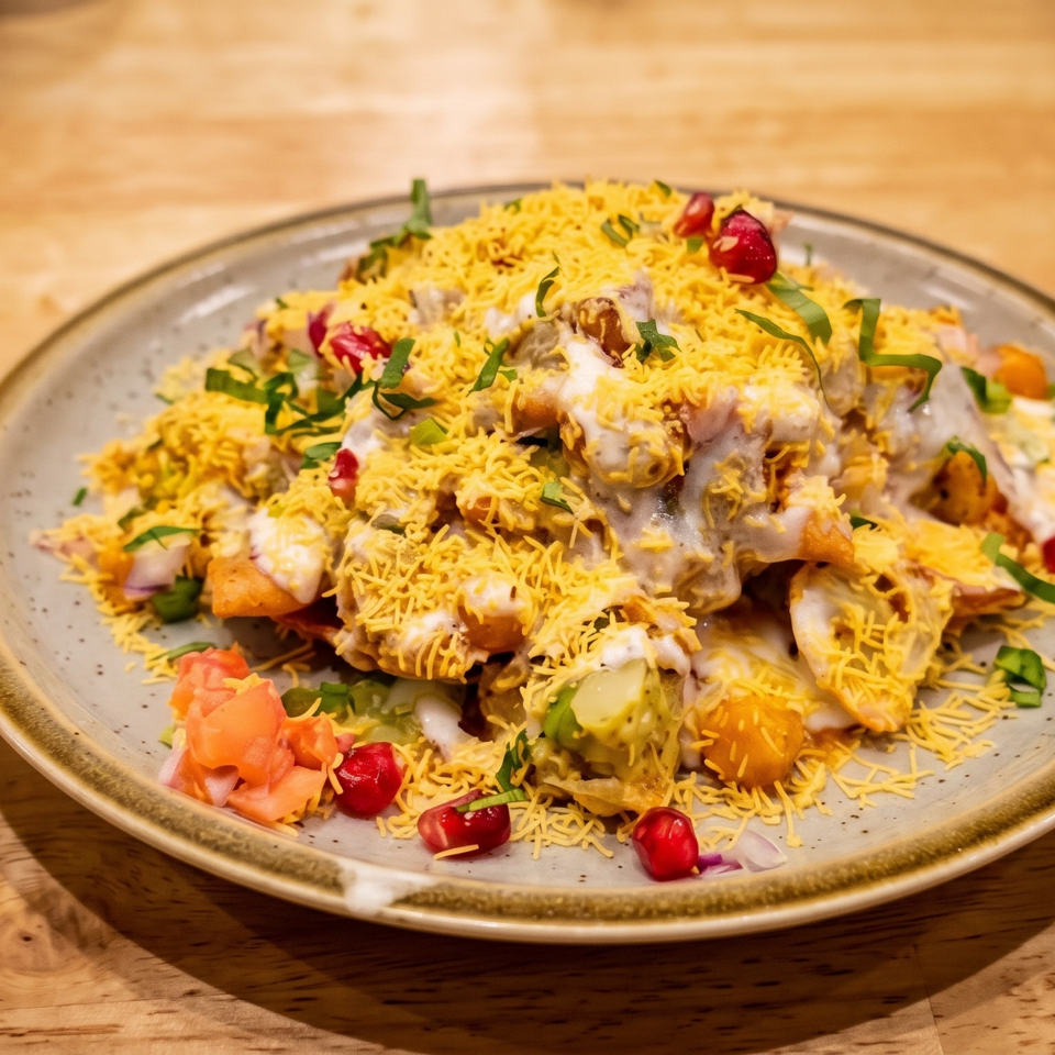 Indian chaat platter topped with sev, yogurt, herbs, pomegranate seeds, and colorful vegetables on a ceramic plate.