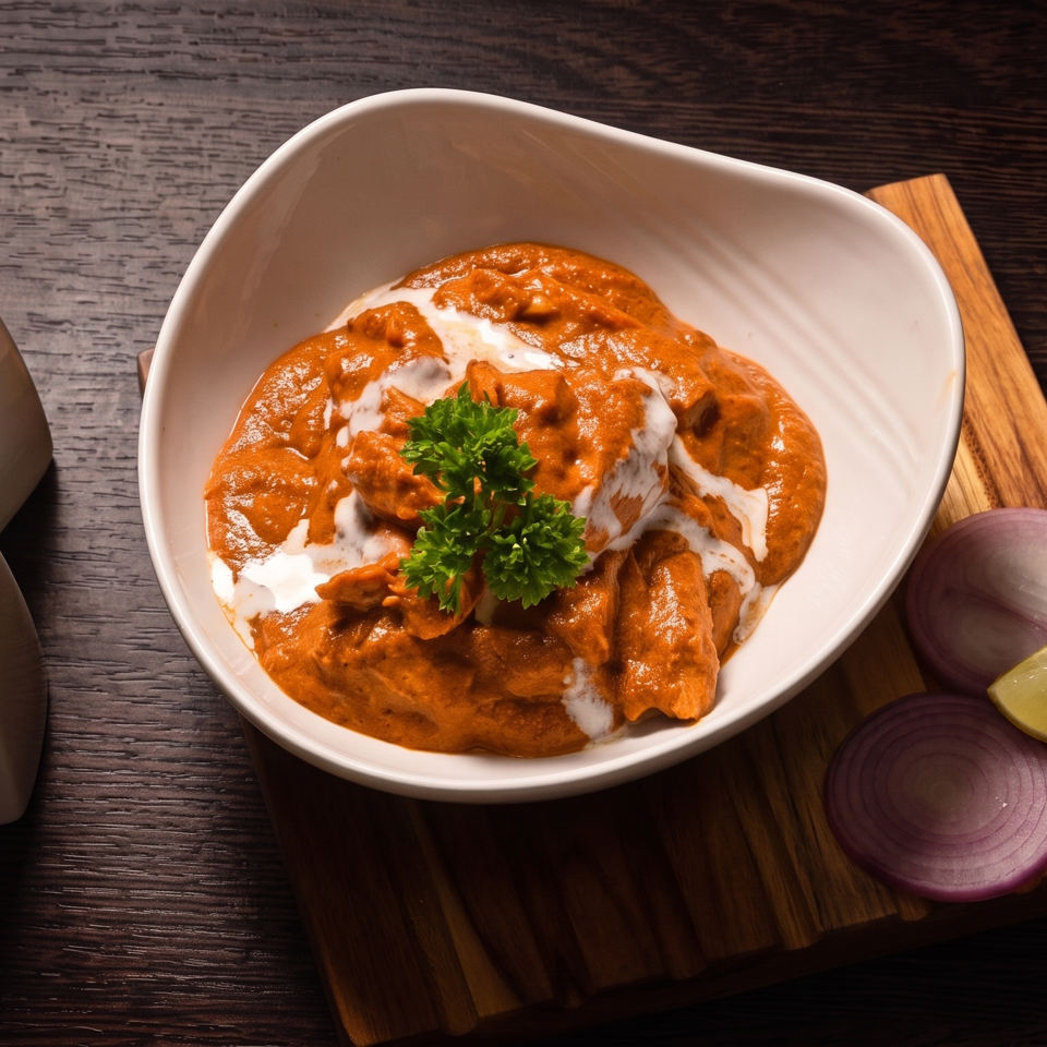 Creamy orange curry garnished with parsley in a white bowl, served with sliced red onion and lime on a wooden board.