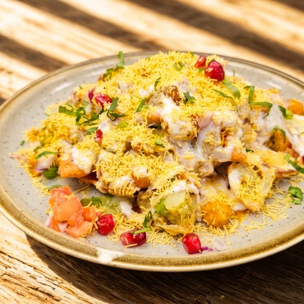 Colorful Indian chaat with sev, yogurt, and pomegranate on a rustic wooden table.