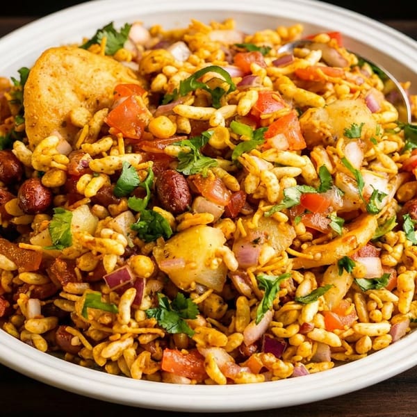 A white bowl filled with colorful Bhel Puri, featuring puffed rice, vegetables, peanuts, and cilantro.