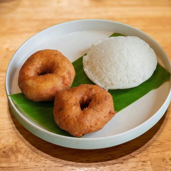 Plate of two golden fried doughnuts and a white steamed cake on a banana leaf atop a wooden table.