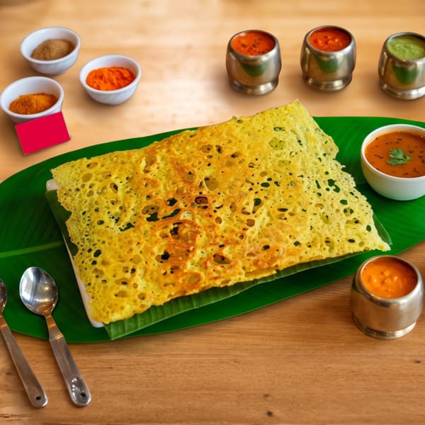 Crispy Indian dosa served on a banana leaf with sambar, chutneys, spices, and spoons on a wooden table.