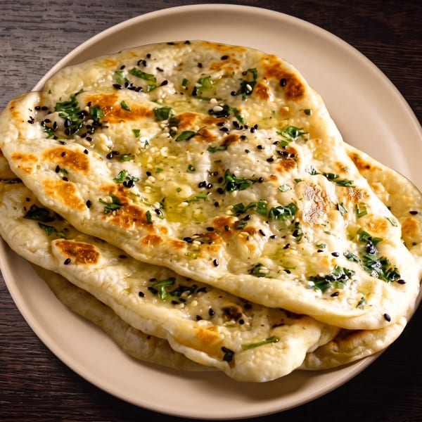 Stack of golden flatbreads topped with sesame seeds and chopped herbs on a plate.
