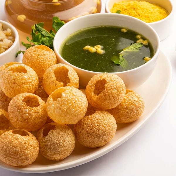 A plate of crispy pani puri shells with bowls of green pani, potato filling, and chopped onions.