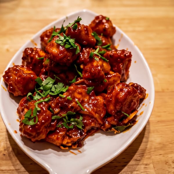 Plate of saucy meatballs garnished with fresh herbs on a wooden table.
