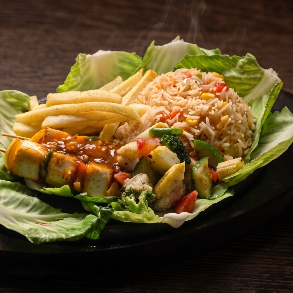 Steaming platter of vegetable skewers, fried potatoes, seasoned rice, and mixed vegetables on lettuce leaves.